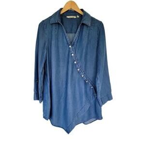 Soft Surroundings Tunic Asymmetric Hem 3/4 Sleeve Top Women Size S Blue Tencel